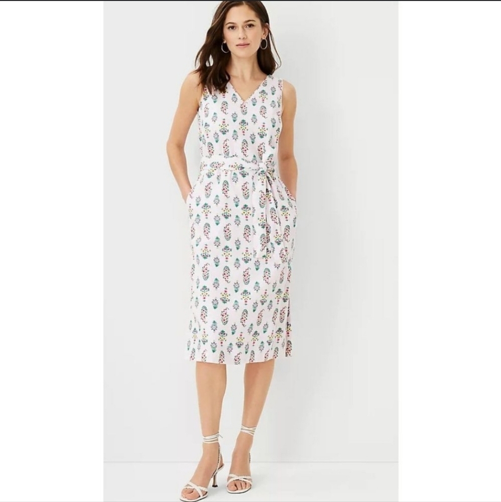 Ann Taylor Floral Pink Sleeveless Midi Dress, Size 8